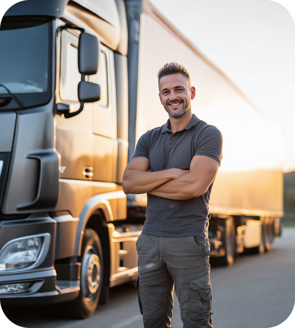 A man stands with arms crossed in front of a large semi-truck on a road, smiling at the camera. The sun is setting in the background.