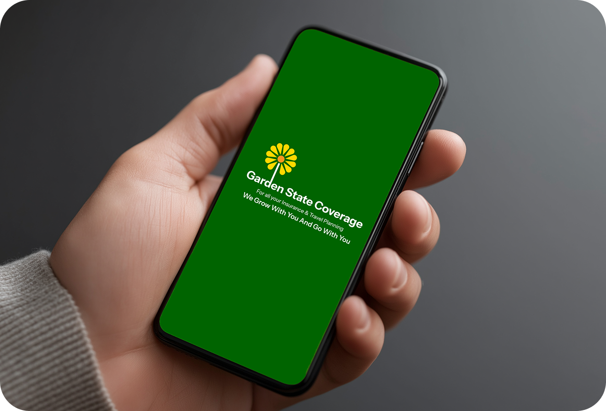 A hand holds a smartphone displaying a green screen with the Garden State Coverage logo and the slogan "We Grow With You And Go With You.