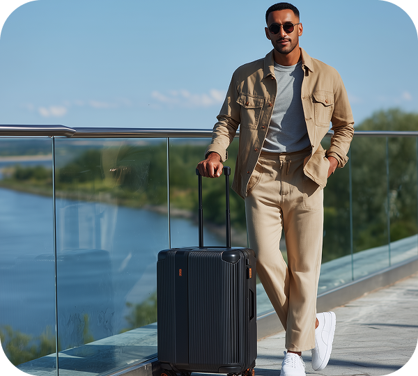 A man in sunglasses and beige clothing stands by a glass railing with a rolling suitcase, overlooking a river on a clear day.