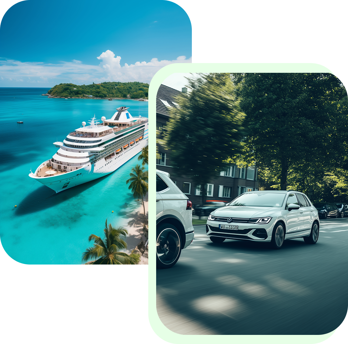 A cruise ship sails near a tropical island, and a white car drives down a tree-lined street in a city.