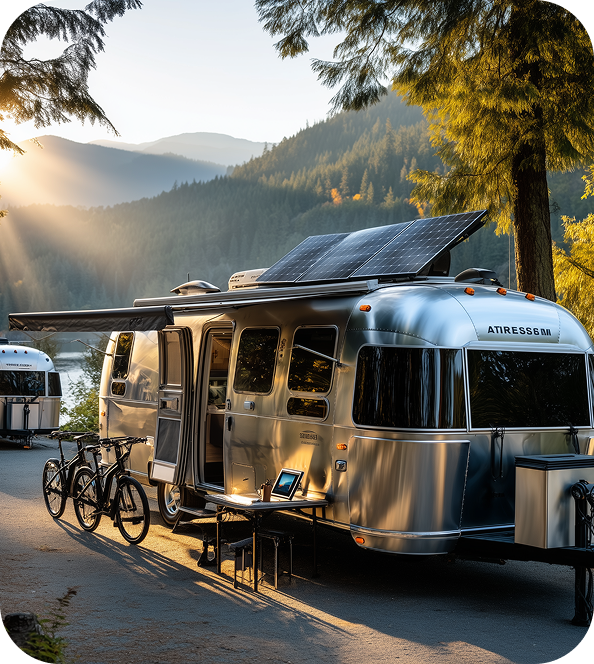 A silver camper with solar panels is parked by a lake in a forested mountain area at sunset, with bicycles and outdoor gear set up beside it.
