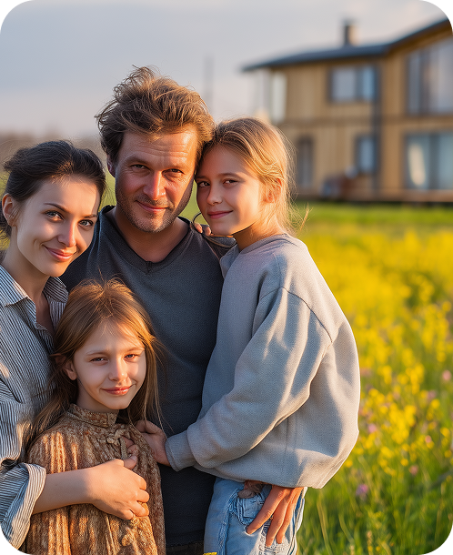 A family of four stands closely together in a field of yellow flowers with a house blurred in the background.